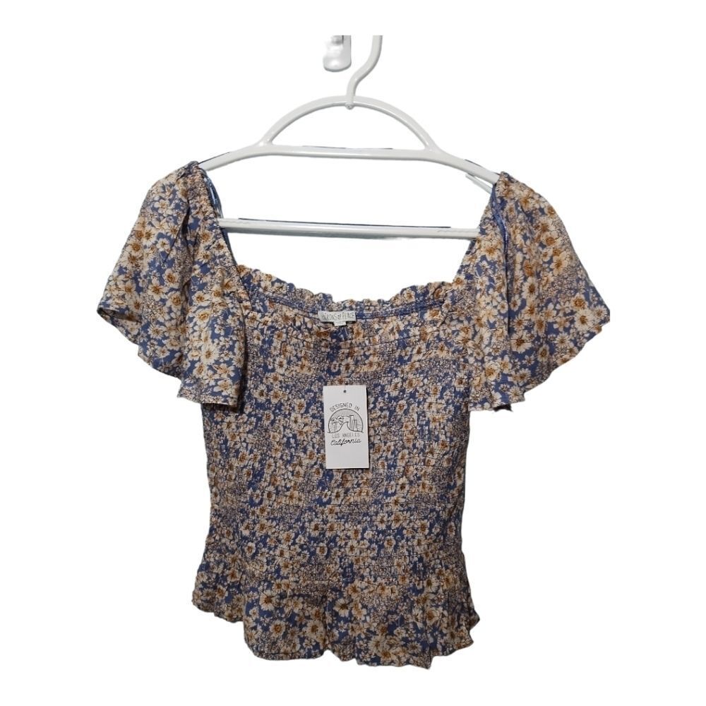 Patrons of Peace Floral Flutter Sleeve Smocked Off The Shoulder Top Sz S